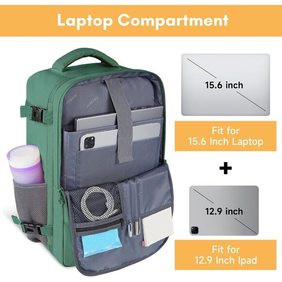 〽️Women Trendy Carry On Backpack Green with Shoe Pouch & USB Charging Port main image 4